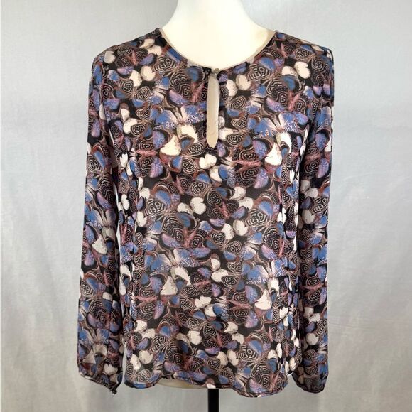 Long sleeve chiffon semi sheer abstract butterfly print top size small - Picture 1 of 6